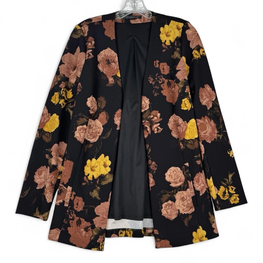 Dynamite Womens Size S Open Front Blazer Rose Print on Black Long Sleeves